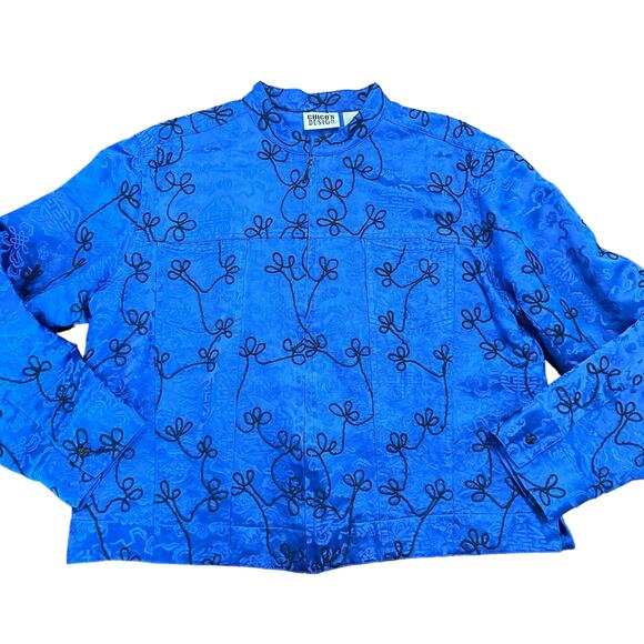 Chicos Womens cobalt blue silk light jacket with black embroidery Size 2 - Picture 1 of 5